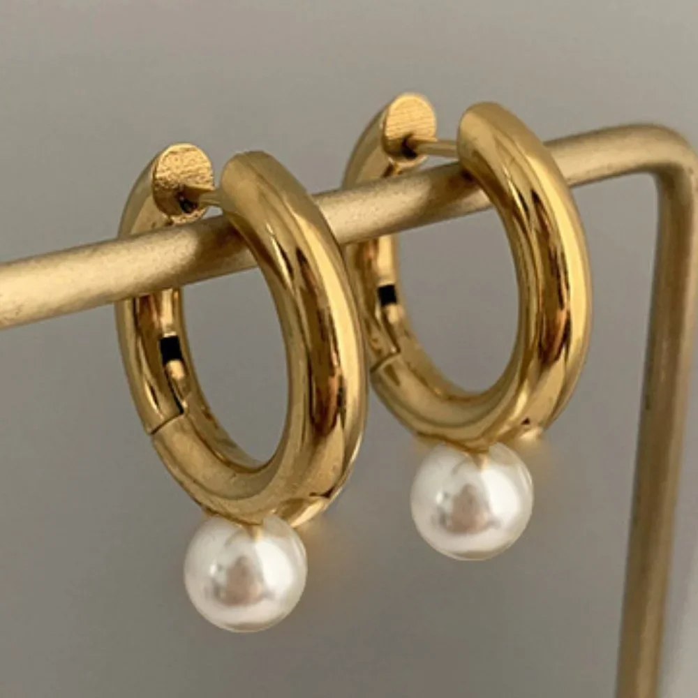#NEW 925 Sterling Silver Pearl Drop Round Hoop Earrings